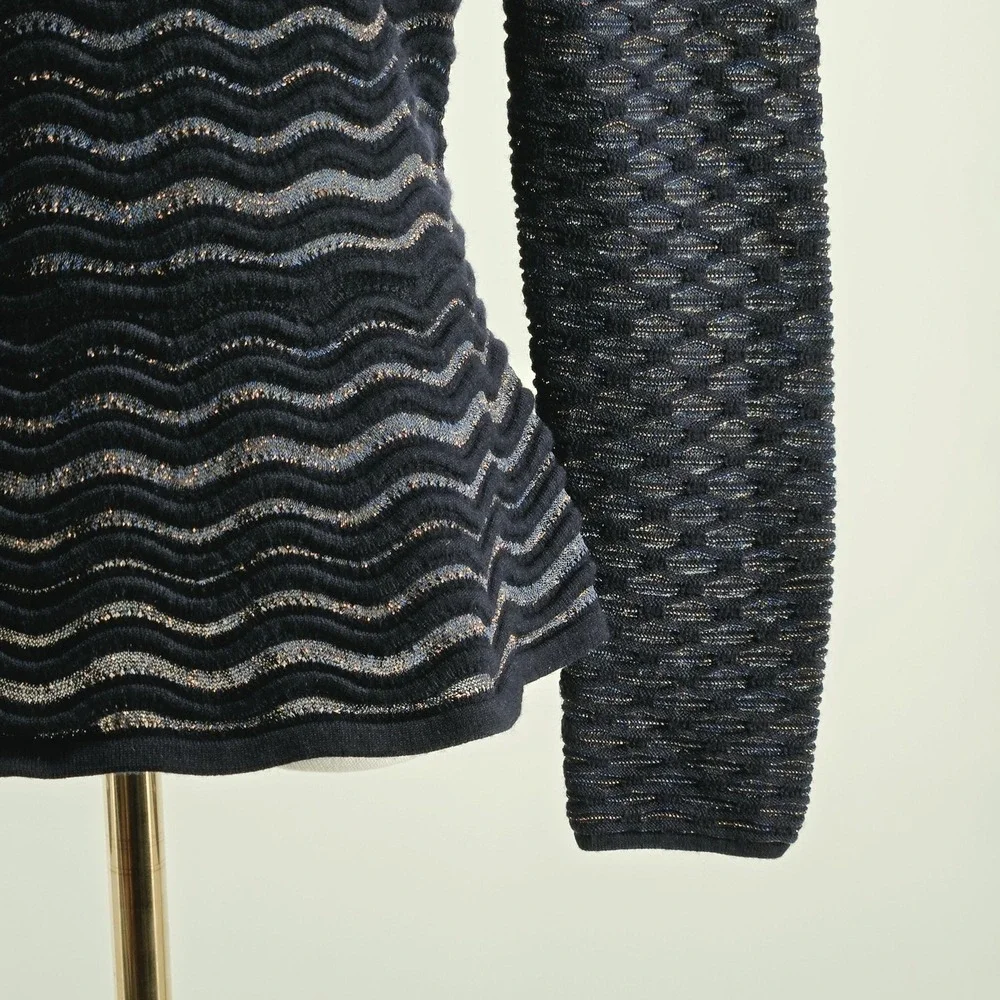 Tory‎ Burch Sweater Womens S Navy Metallic Wave Knit Crewneck Pullover Fitted